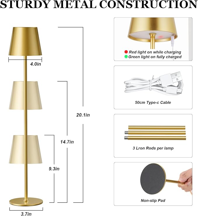 Kakanuo 20" Cordless Table Lamp Rechargeable Gold - Image 2