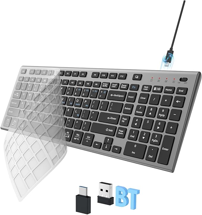 FENIFOX Wireless Keyboard, Bluetooth + USB Ergonomic Silent Quiet Rechargeable with Number Pad Compact Full Size Multi Device Keyboards for iPad Tablet Mac Computer Surface PC MacBook Laptop Blcak-DeskLoop Office