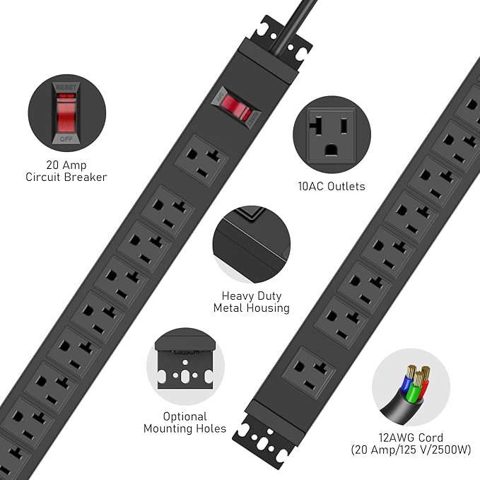 JUNNUJ Multi Angle Mount 10 Outlet 20 Amp Power Strip Heavy Duty, 2700J Surge Protector Under Desk with Switch 20A, Garage Workbench Gaming Outlet Table Wall Mountable, 3FT 12AWG Extension Cord-DeskLoop Office
