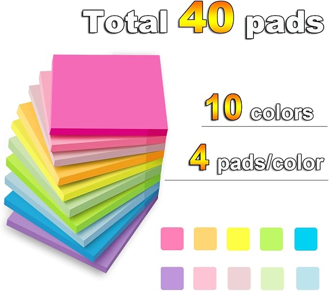 Sticky Notes 3x3 in, Bright Colors Notepads, Colorful Stickies, Super Sticking - Image 2