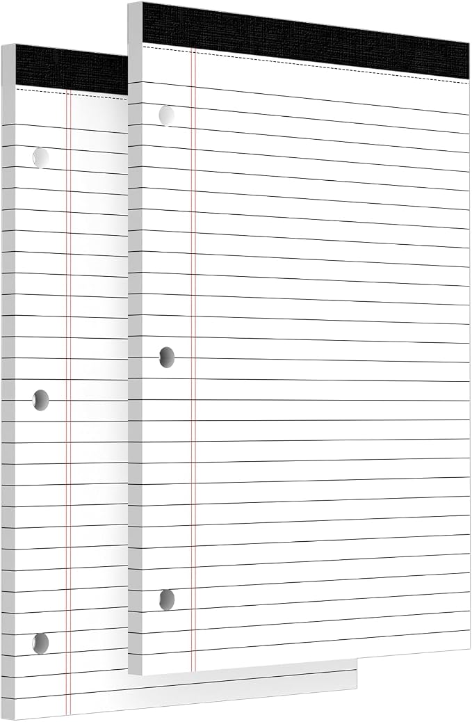 3 Hole Legal Pad 8.5 x 11, 2 Pack White Note Pads, Notebook Paper Wide Ruled by Glyanlee