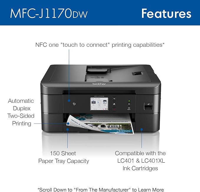 Brother MFC-J1170DW Wireless Color Inkjet All-in-One Printer, NFC One-Touch Print, Duplex, Cloud Print & Scan, Mobile App Control, 2.7" Touchscreen, Works with Alexa-DeskLoop Office