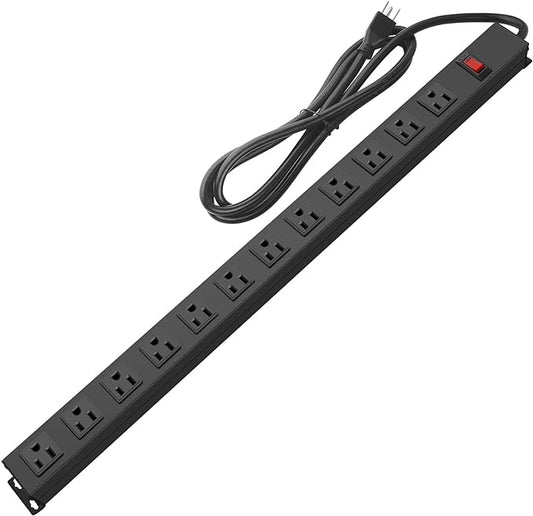 HHSOET Aluminum Wall Mount Power Strip - 12 AC Outlets, 15 FT Cord, 15A 125V Switch-DeskLoop Office