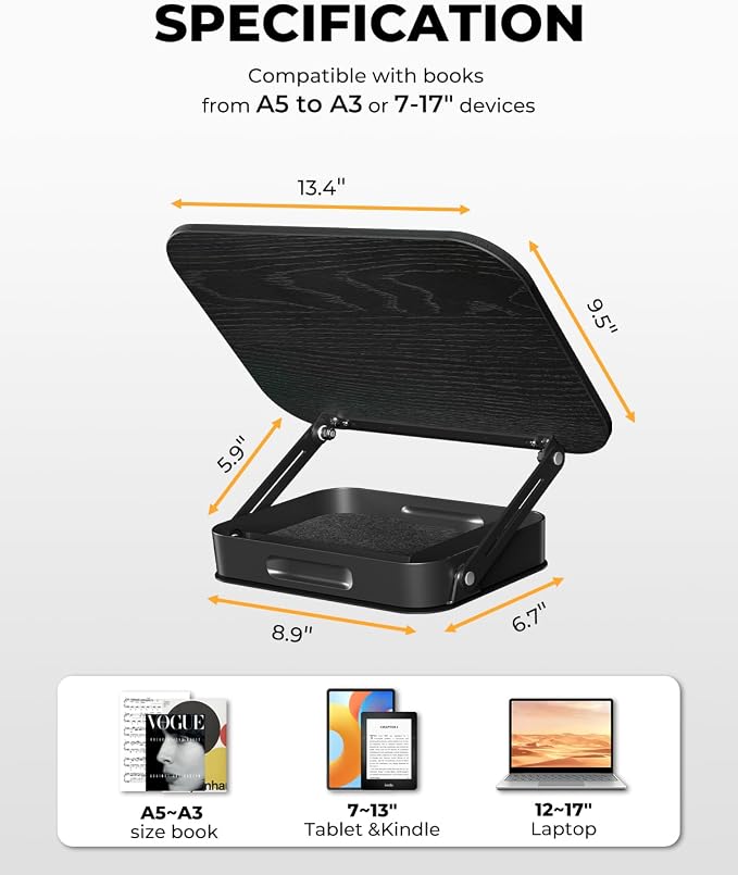 Adjustable Book Stand with Storage Drawer, 360° Rotating Book Holder, Height & - Image 4