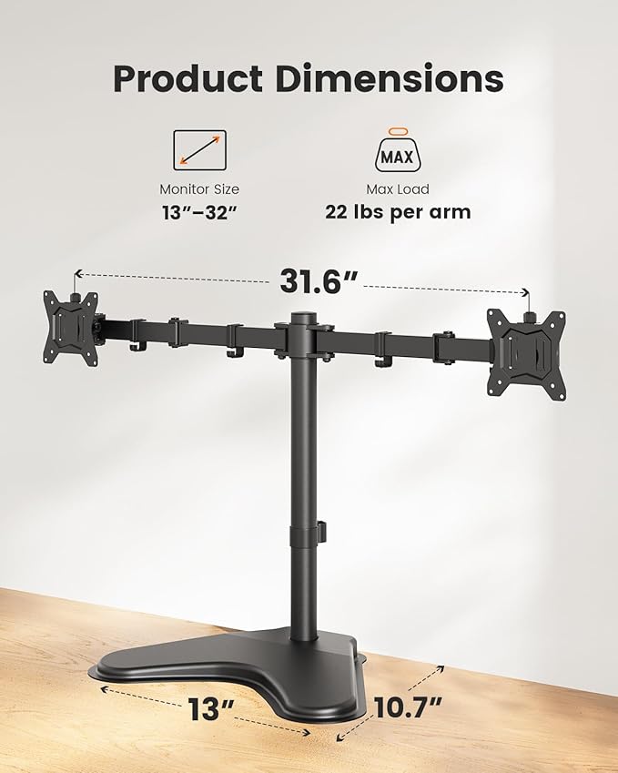 ErGear Freestanding Dual Monitor Stand for 2 Screens up to 32 inch, Heavy Duty Monitor Mount Holds Max 22 lbs per Arm, Height Adjustable Computer Monitor Stand for Desk, VESA 75x75/ 100x100mm, Black-DeskLoop Office