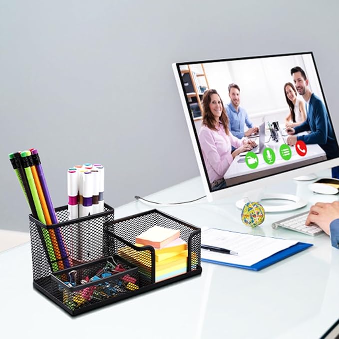 2 Pieces Pen Holder for Desk Mesh Metal Pencil Holders Pen Cup Marker Holder Desk Caddy with Sticky Notes Holder Pen Organizer for Office Supplies Workspace School Home Black-DeskLoop Office