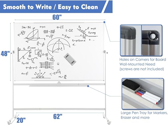 FORTUNO Large Magnetic Mobile Whiteboard 60"x48", Rolling Double Sided Stand Whiteboard on Wheels, Reversible Adjustable Height/Angle Dry Erase Board 5' x 4' Easel White Board for Office Classroom-DeskLoop Office