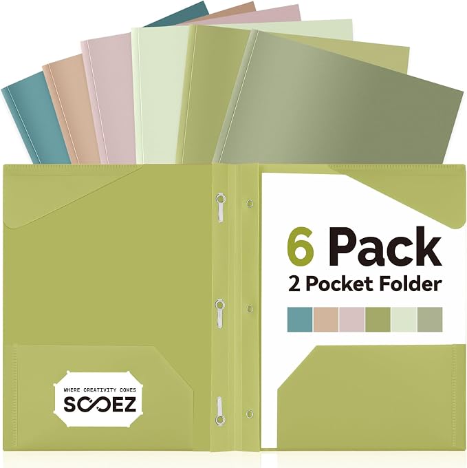 Sooez Folders with Pockets and Prong, 6 Pack, File Folders with Prongs by Sooez