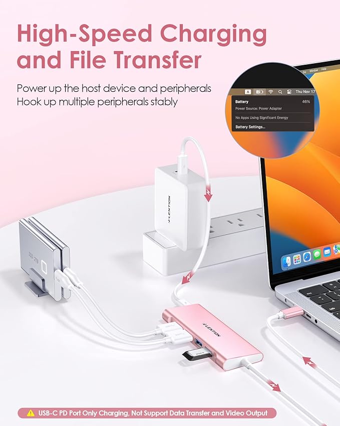 LENTION 3.3FT Long Cable USB C Multiport Hub with 4K HDMI, 4 USB 3.0, Type C Charging Compatible 2023-2016 MacBook Pro, New Mac Air/iMac/Mac Mini, More, Stable Driver Adapter (C35-1M, Rose Gold)-DeskLoop Office