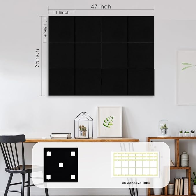 Large Cork Board for Office Wall Decor,48"x36"-12 Pack Felt Wall Tiles with Safe Removable Adhesive Tabs, 1/2" Thick, Felt Bulletin Board Pin Board Cork Boards for Walls - Black-DeskLoop Office