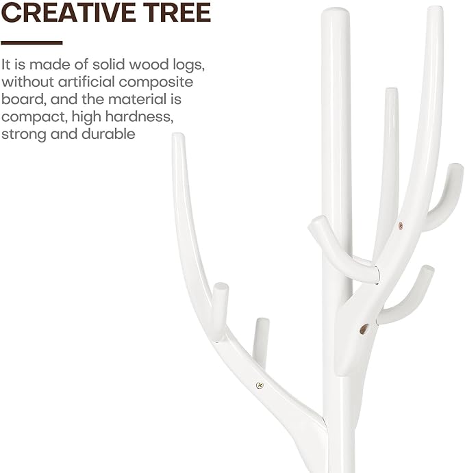 Coat Rack Freestanding, Wooden Coat Rack Stand with 16.5" Round Base, Tree Branch-look, 72" Coat Tree Standing Heavy Duty Clothes Hanger with 12 Hooks for Corner Entryway, White-DeskLoop Office