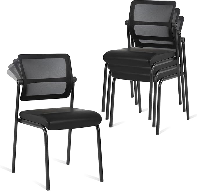 CLATINA Stacking Waiting Room Chairs, Adjustable Mesh Backrest Armless Office Guest Reception Chair with Leather Cushion and Ergonomic Lumbar Support for Conference Lobby Side School Classroom, 4PK-DeskLoop Office