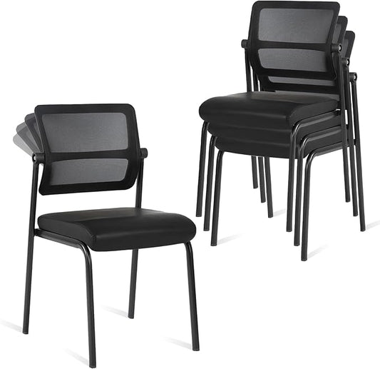 CLATINA Stacking Waiting Room Chairs, Adjustable Mesh Backrest Armless Office Guest Reception Chair with Leather Cushion and Ergonomic Lumbar Support for Conference Lobby Side School Classroom, 4PK-DeskLoop Office