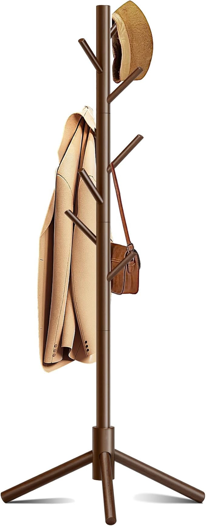 Wooden Coat Rack, Free Standing Coat Rack with 8 Hooks 3 Adjustable Heights for Clothes, Hats, Handbags, Coat Tree Easy Assembly for Entryway, Bedroom, Hallway, Office (New Brown)-DeskLoop Office