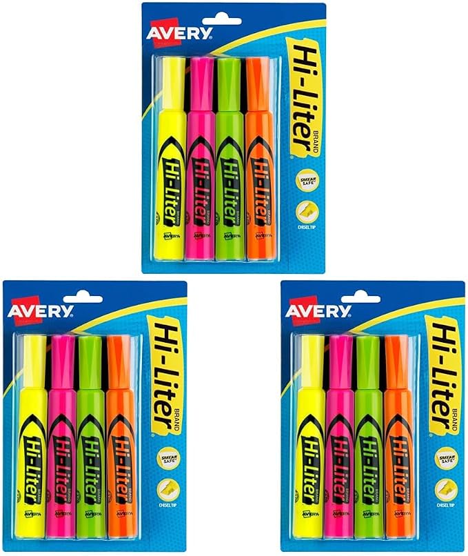 AVERY Hi-Liter Desk-Style Highlighters, Smear Safe Ink, Chisel Tip, 4 Assorted by Avery