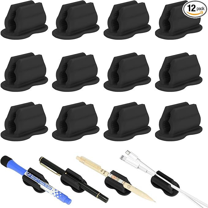 Adhesive Pen Pencil Holder for Desk Wall, 12PCS Marker Holder for Whiteboard Silicone Pen Holder for Clipboard Office Essentials Teacher Supplies (12PCS Black)-DeskLoop Office