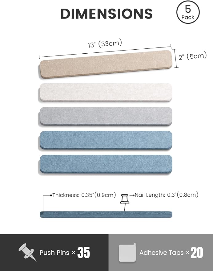 Fluxynara Cork Board Alternative Felt Strip Board 5-Pack 13"x2", Office Pin - Image 2