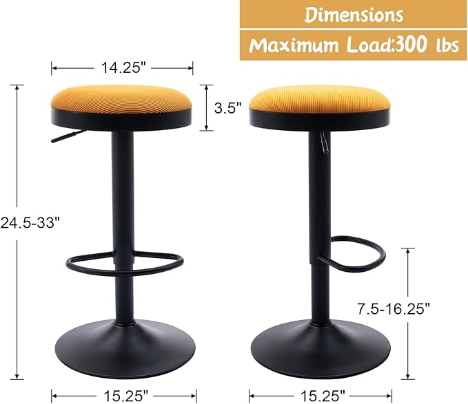 Round Swivel Counter Height Bar Stools Set of 4 Modern Adjustable Barstools Backless Corduroy Bar Chairs Industrial Island Chairs with Metal Base/Footrest for Kitchen Island/Pub/Bar, Yellow-DeskLoop Office