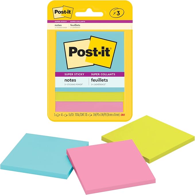 Post-it Super Sticky Notes, 3 Sticky Note Pads, 3 x 3 in., School Supplies by Unknown
