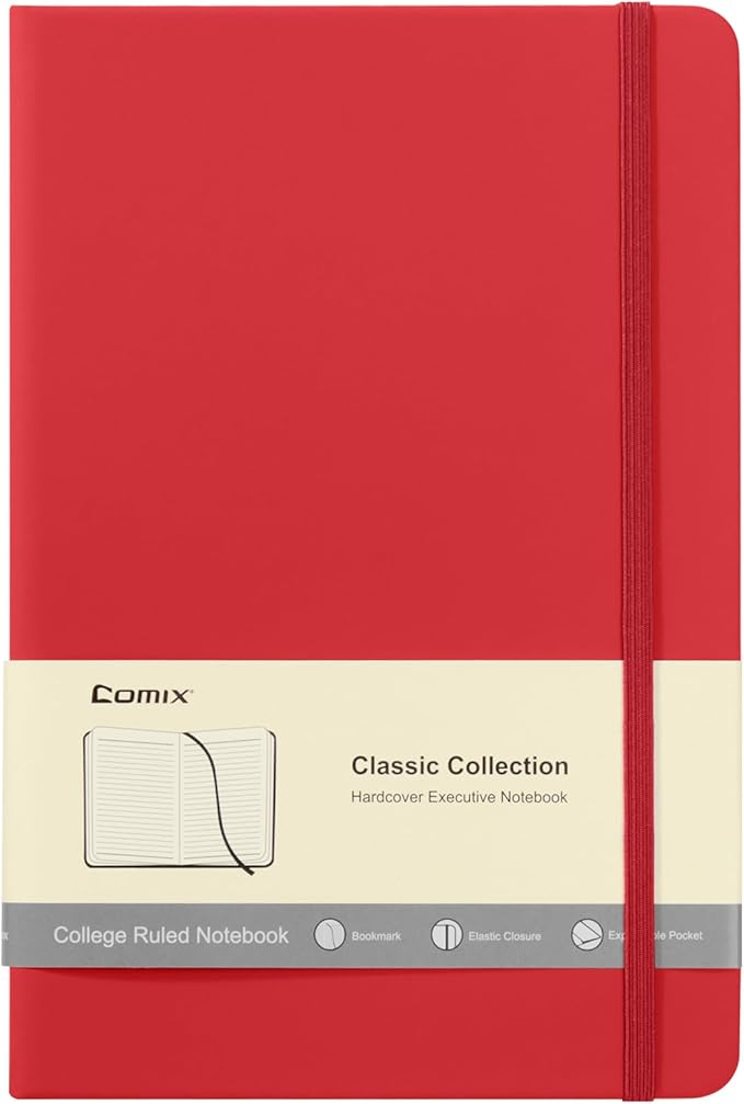 Comix Lined Journal Notebook for Women Men, Journaling Notebooks for Office School Home, 240 Pages, 5.5" x 8.3", College Ruled, A5, Hardcover, Red-DeskLoop Office