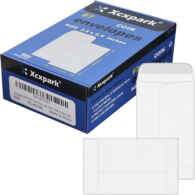 Xxcxpark 500 PCS #7 Coin Envelopes, 3.5 x 6.5 inches White Kraft Envelopes by Xxcxpark