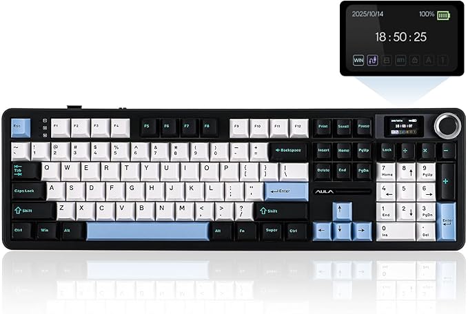 EPOMAKER X Aula F108 PRO Wireless Gaming Keyboard with Screen, 8000mAh Battery, 104 Hot-Swappable and Programmable Keys and Knob, RGB Backlight, for Mac/PC/Android (Blue&White&Black)-DeskLoop Office