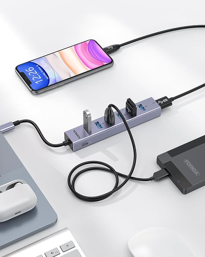 FORIDA USB C to USB Hub, 8 Ports USBC HUB with 7 USB 3.0 Data Ports, Aluminum Alloy Shell USB Splitter with USB C 5V/3A Power Port for Laptop PC and More-DeskLoop Office