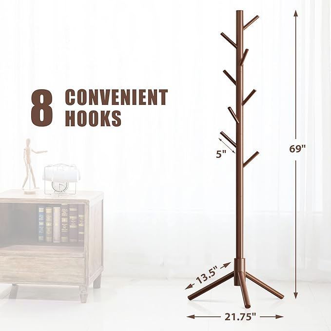 Haddockway Wooden Coat Rack Stand with 8 Hooks New Zealand Pine 3 Adjustable Coat Standing Tree Easy Assembly for Coats, Hats, Scarves and Handbags for Entryway, Hallway, Bedroom, Office,2 PCS-DeskLoop Office