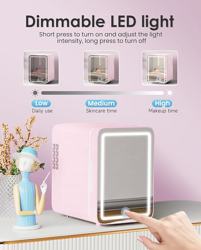Skincare Fridge With Dimmable LED Light Mirror, 4L Makeup Mini Fridge for Bedroom, Car, Office & Dorm, Cooler & Warmer, Portable Small Refrigerator for Cosmetics, Skin Care and Food, Pink-DeskLoop Office