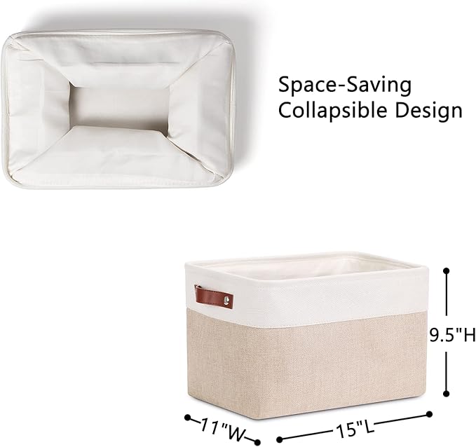 DULLEMELO Fabric Storage Bins, Storage Baskets for Organizing, Collapsible Rectangular Fabric Baskets for Shelves, Empty Gift Baskets (3-Pack Medium-15 inch X 11 inch X 9.5 inch , White&Khaki)-DeskLoop Office
