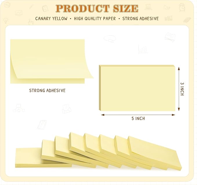 (16 Pack) Large Sticky Notes 3x5 in Yellow, 1600 Pcs Self-Stick Pads, Clean Removal, 100 Sheets/Pad Super Adhesive Sticky Pads Recyclable for Notebook, Meeting, Office, Shool, Home-DeskLoop Office