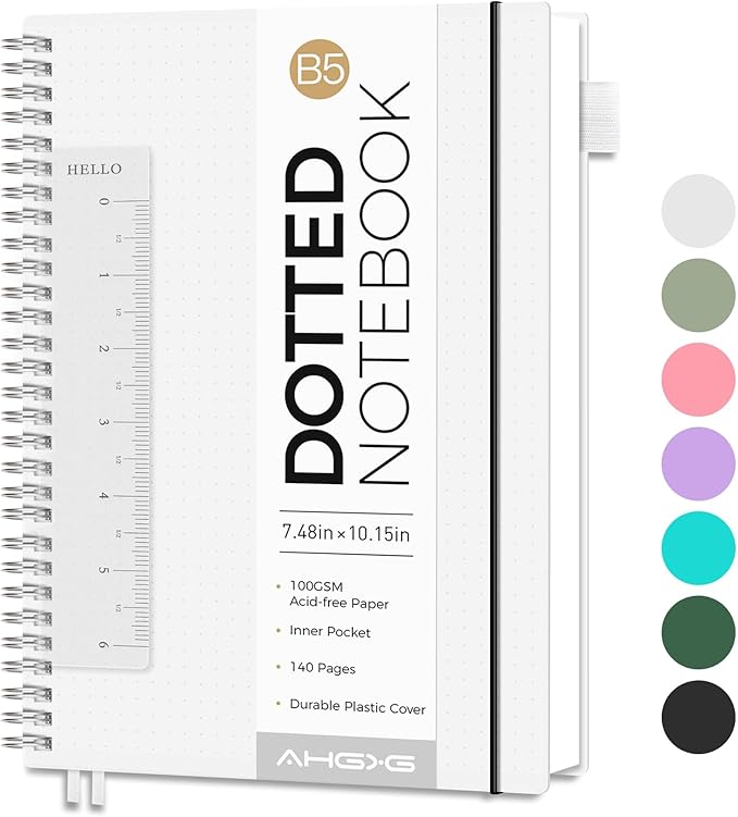 AHGXG Bullet Dotted Journal - Dot Grid Spiral Notebook B5, 140 Pages, 100 GSM Thick Paper, Waterproof Plastic Cover Journals for Bullet Journaling, Sketching, 7.6" x 10", Transparent-DeskLoop Office