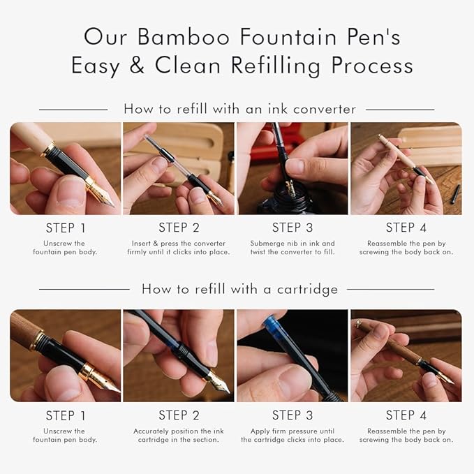 Wordsworth & Black Fountain Pen Set, Luxury Bamboo Wood - Medium Nib, Gift Case; Includes 6 Ink Cartridges, Ink Refill Converter -Journaling, Calligraphy, Drawing, Smooth Writing [Brown Wood]-DeskLoop Office