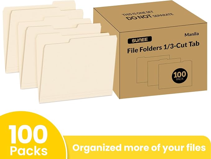 SUNEE Manilla Folders Letter Size, 100 Per Box, 1/3 Cut Tab - Image 2