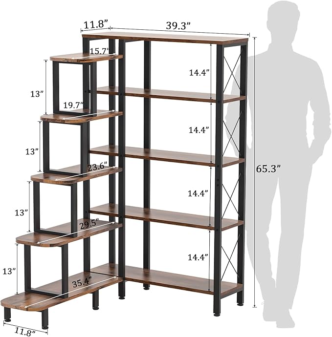 Large Corner Bookshelf Bookcase, Industrial Reversible 5 Tier Ladder Shelves Storage Display Rack with Metal Frame, Modern Home Office Furniture for Living Room Bedroom-DeskLoop Office