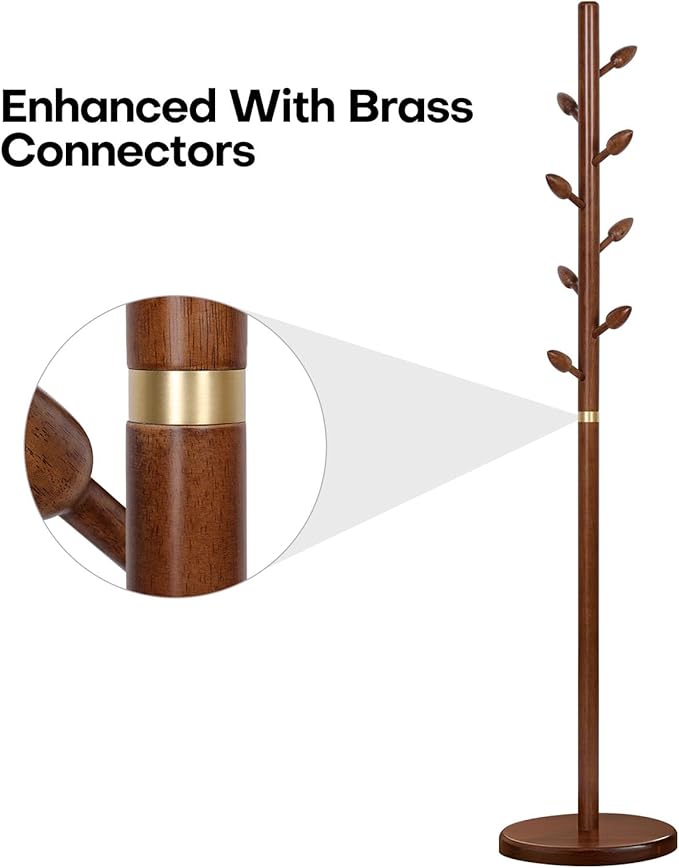 Wooden Coat Rack Freestanding - Heavy Duty Coat Tree Stand with 8 Bud-Shaped Hooks, Sturdy Round Base Coat Hanger for Entryway, Bedroom, Jackets & Clothes, 200lbs Capacity (Walnut)-DeskLoop Office