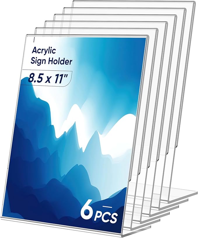6 Pack Acrylic Sign Holder 8.5x11 Inches, L-Shape Vertical Menu Holder Stand by Dooiclear