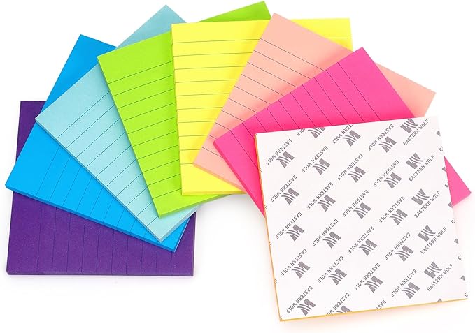 Eastern Wolf 8 Pads Lined Sticky Notes 3x3 Sticky Notes with Lines Self-Stick Note Pads 8 Bright Multi Colors, 85 Sheets/Pad-DeskLoop Office