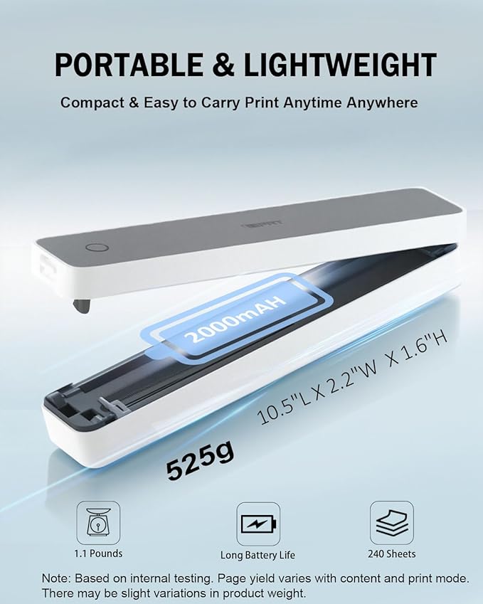 iDPRT Inkless Portable Printer for Travel, 300DPI Wireless Thermal Printer Support 8.5 x 11 Inch US Letter, A4, Small Bluetooth Printers Compatible with iOS, Android Laptop for Office Car Home, Grey-DeskLoop Office