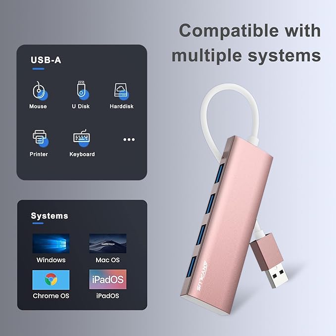USB Hub, USB 3.0 Hub Aluminum Alloy Ultra Slim USB Splitter, Portable 4 Port USB Extender, USB Hub for Laptop, PC, MacBook, iMac, Surface Pro, Mac Pro, Flash Drive, XPS 【Pink】-DeskLoop Office