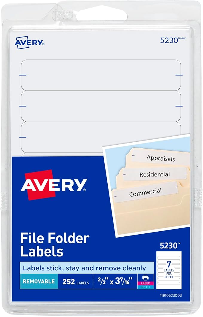 Avery File Folder Labels on 4" x 6" Sheets, Removable Adhesive, 2/3" x 3-7/16" by Avery
