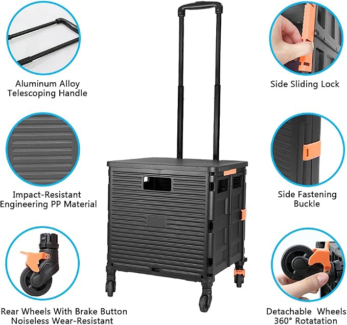 FELICON SELORSS Foldable Utility Cart Folding Portable Rolling Crate-Black | - Image 2