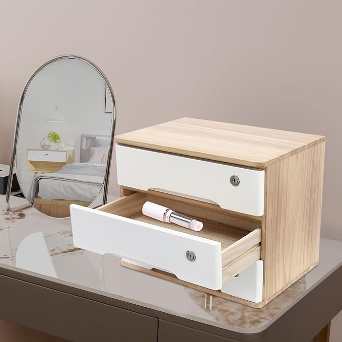 Lockable Desk Organizer Wooden Desktop Drawers Office Flat Files Storage Box - Image 2