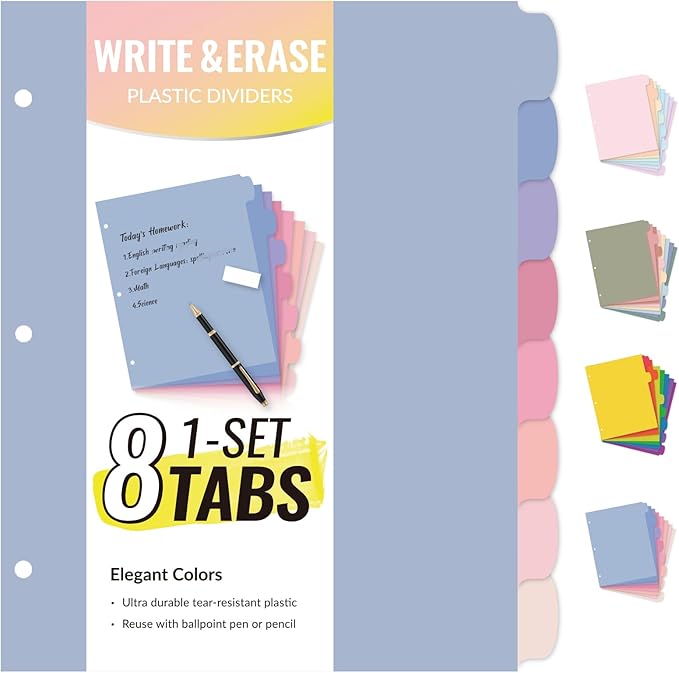 Sooez 8 Tabs Long-Lasting Plastic Write & Erase Large Tabs Dividers by Sooez