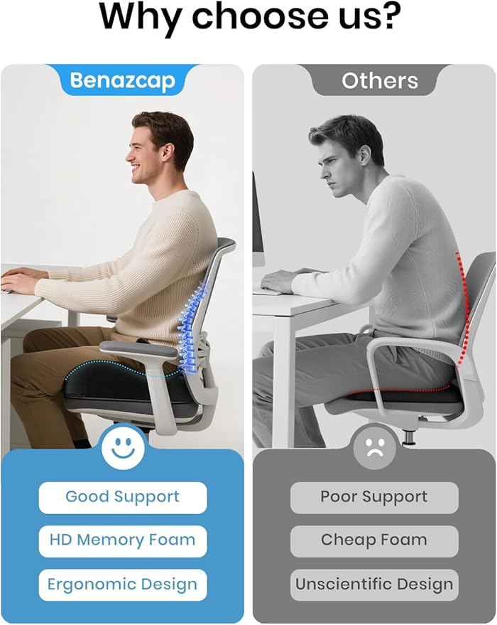 Benazcap Seat Cushion - Memory Foam Office Chair Cushion Seat Pad - Sciatica & Lower Back Pain Relief - Car Seat Cushions for Driving Seat Cushions-DeskLoop Office