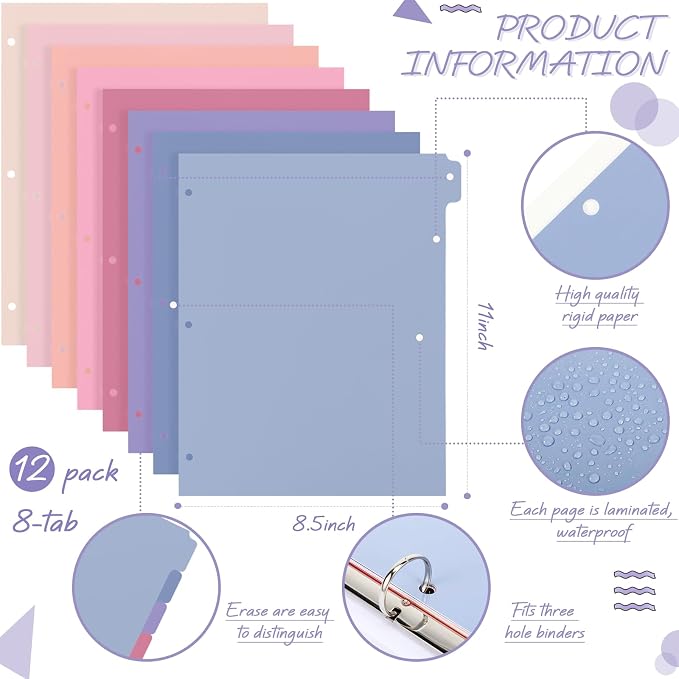 Honoson 12 Sets 8 Tab Dividers for 3 Ring Binders Plastic File 8.5 x 11 Inch - Image 2