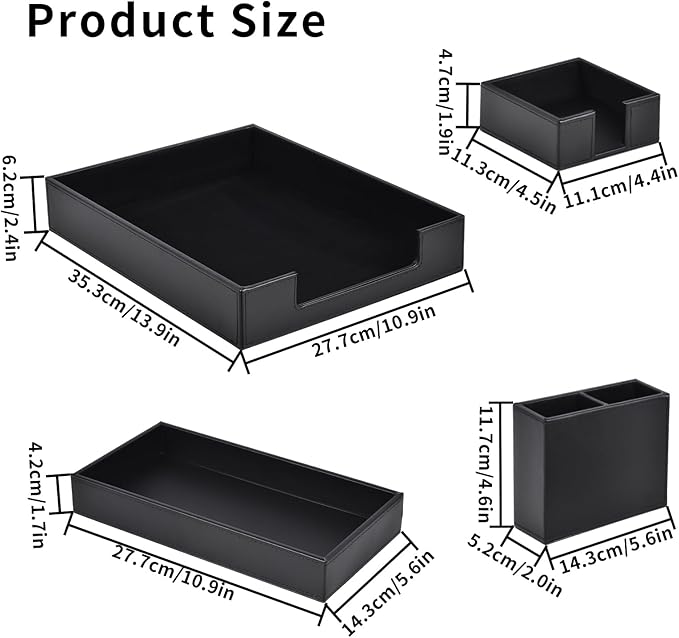 4 Pack Leather Office Supplies/Desk Organizer for Letter Paper Tray,Sticky Note Holder,Pen Cup,Stackable Small Letter Mail Sorter Tray,Workspace Decor for Women Men (Black, 4-piece set)-DeskLoop Office