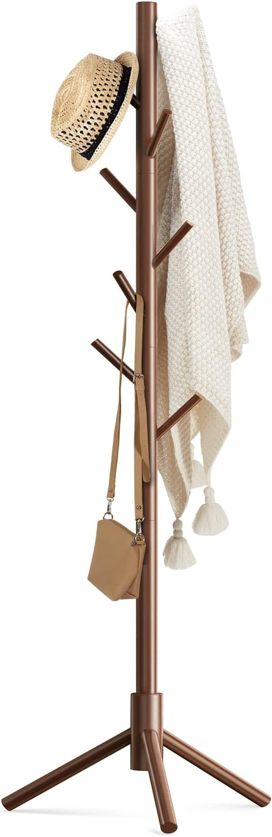 Haddockway Wooden Coat Rack Stand with 8 Hooks New Zealand Pine 3 Adjustable Coat Standing Tree Easy Assembly for Coats, Hats, Scarves and Handbags for Entryway, Hallway, Bedroom, Office-DeskLoop Office