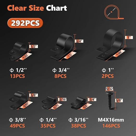 292Pcs Black PA66 Nylon R Cable Clamps Kit w/ M4 Screws, 6 Sizes | Good - Image 5