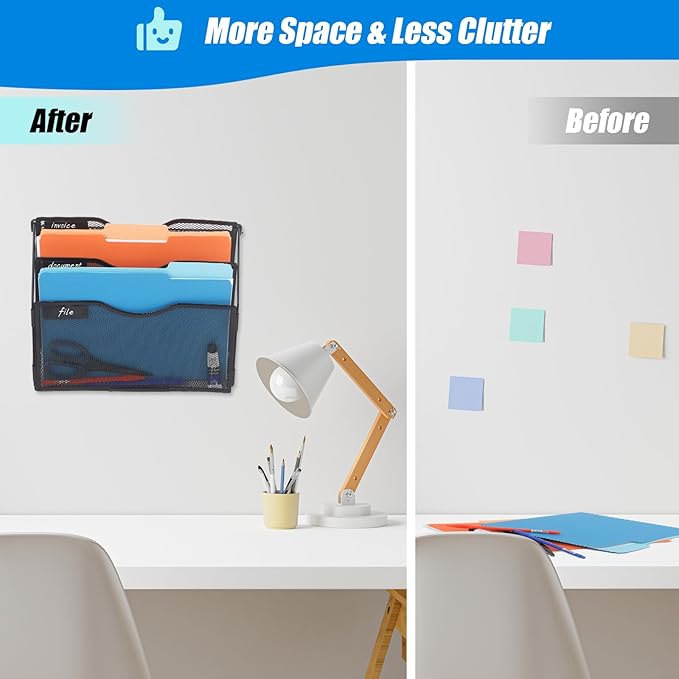 EASEPRES 3 Pocket Mesh Hanging Wall File Organizer with Hangers & Nametag Label, Wall Mounted Mail Paper Document Folder Holder, Clipboard Storage Organization Magazine Rack for Office Cubicle, Black-DeskLoop Office